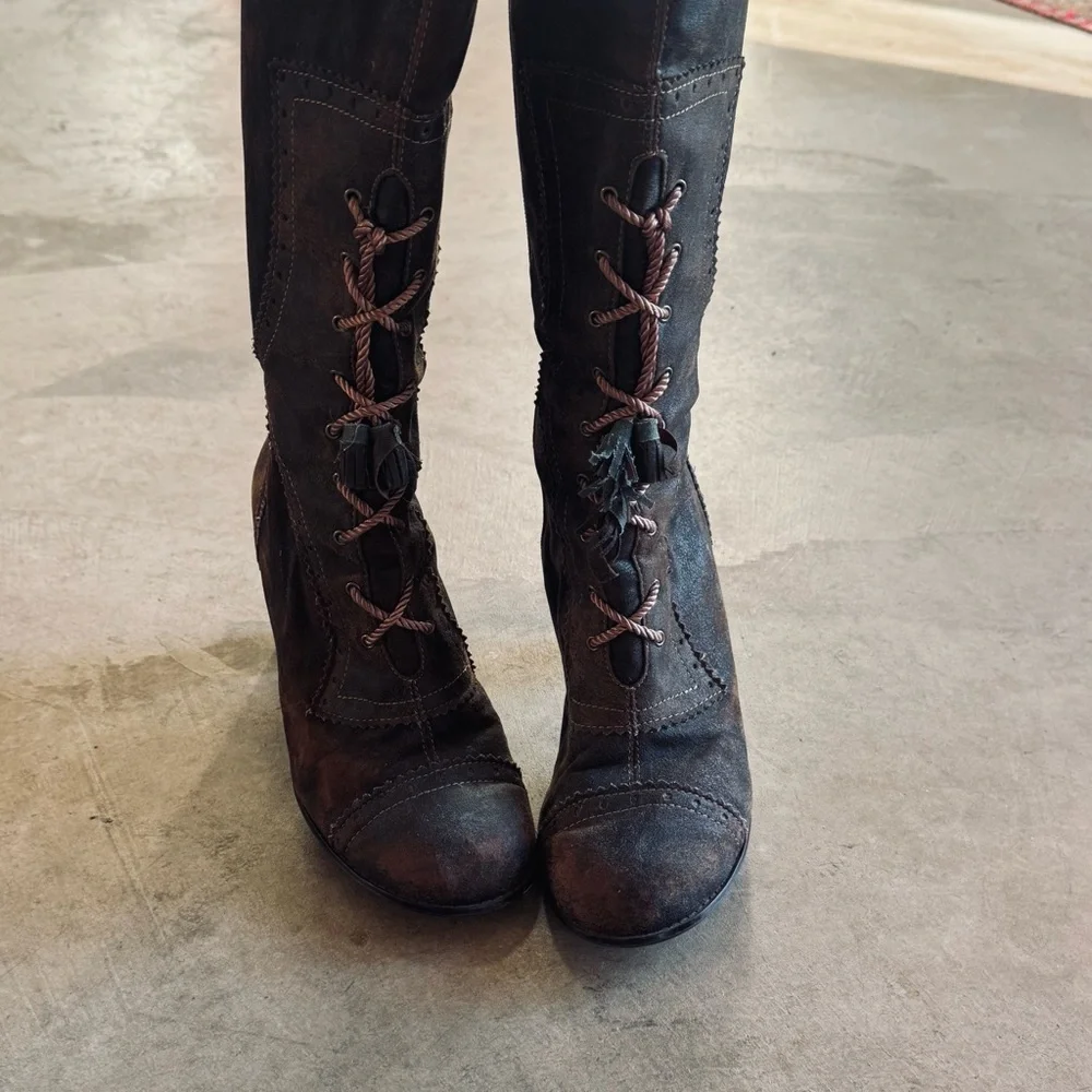 Monique Vintage Dark Brown Lace-Up Zipper Mid-Calf 3.5" Wood Heel Boots 8 - Picture 2 of 10